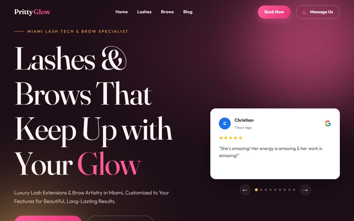 Pritty Glow Homepage, a Miami Lash and Brow Studio